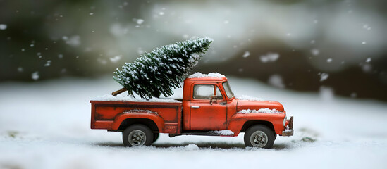 A red vintage pickup truck hauling a Christmas tree in a snowy landscape.