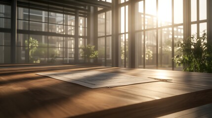 Poster - A serene interior scene showcasing a sunlit room with large windows, a wooden table, and a decorative rug, surrounded by vibrant greenery.