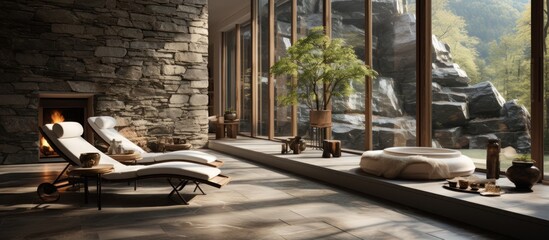 Wall Mural - Luxurious modern living space with a stone fireplace, two lounge chairs, and a large window with a view of a rocky mountainside.