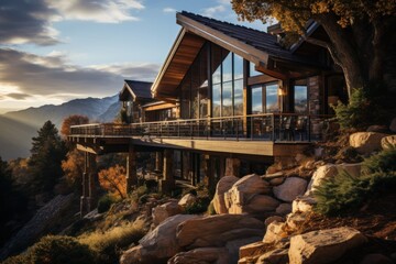 Wall Mural - A modern, luxurious home with large windows overlooking a mountain range at sunset.