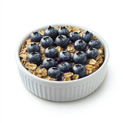 A plate of baked oatmeal with blueberries, isolated on a white background, emphasizing a healthy breakfast option