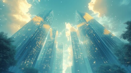 Wall Mural - A low angle view of three towering skyscrapers against a blue sky with white clouds.