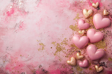 Light pink background with subtle gold flecks and hearts.