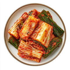 A plate of spicy kimchi, isolated on a white background, showcasing a traditional Korean side dish