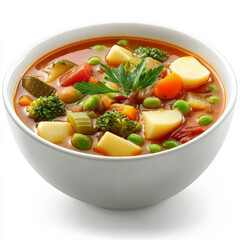 Wall Mural - A bowl of vegetable minestrone soup, isolated on a white background, highlighting a warm and hearty dish