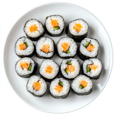 A plate of sushi rolls with rice and seaweed, isolated on a white background, emphasizing a traditional Japanese dish