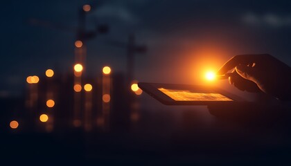 Leinwandbilder - A nighttime scene featuring a hand holding a tablet, illuminated by a warm light, with construction cranes in the background.