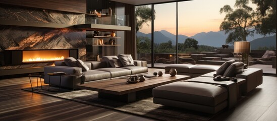 Wall Mural - Modern living room interior design with large windows overlooking mountain range at sunset.