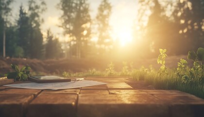 Poster - A peaceful sunrise scene with sunlight filtering through trees, highlighting a brick pathway adorned with greenery.