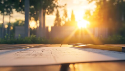 Poster - A serene sunset casts golden light over architectural blueprints on a wooden table, surrounded by lush greenery.