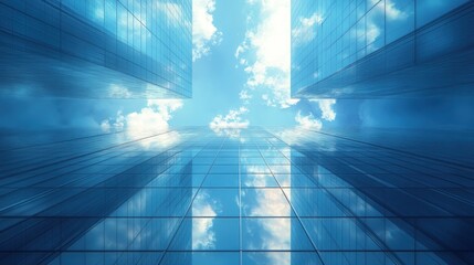 Wall Mural - A low angle view of two glass skyscrapers against a bright blue sky with fluffy white clouds.