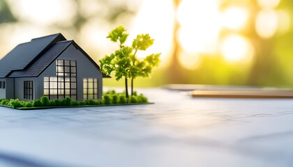 Poster - A miniature house model on a table, surrounded by greenery, symbolizing real estate, planning, and home-building ideas in a natural setting.