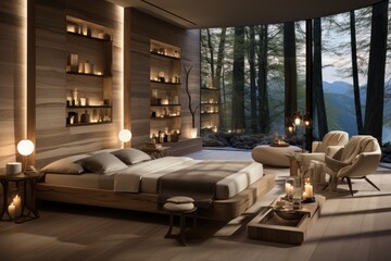 Wall Mural - Luxurious bedroom with wooden floors, large windows overlooking forest, and two chairs.