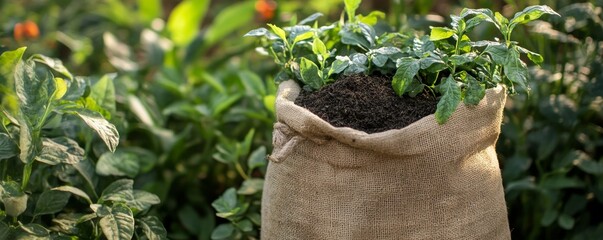 Burlap sack filled with soil and young coffee plants in a lush garden, green agriculture and sustainable farming concept