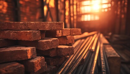Poster - A warm sunset illuminates stacked bricks and steel rods on a construction site, evoking a sense of progress and craftsmanship.