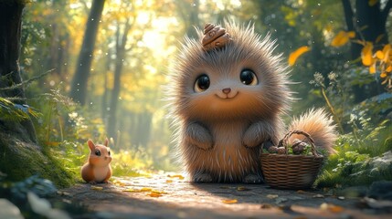 Canvas Print - A cute, fluffy, cartoon animal with a basket of mushrooms and a snail on its head stands on a forest path with a squirrel watching.