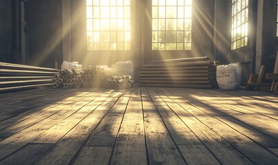 Aufkleber - A sunlit, rustic interior showcases wooden beams and planks, with soft dust particles illuminated in the warm light streaming through large windows.
