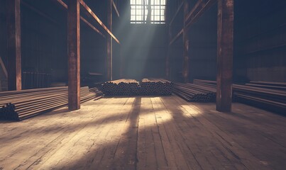 Poster - A dimly lit warehouse with wooden beams and neatly stacked objects, illuminated by rays of sunlight filtering through a window.