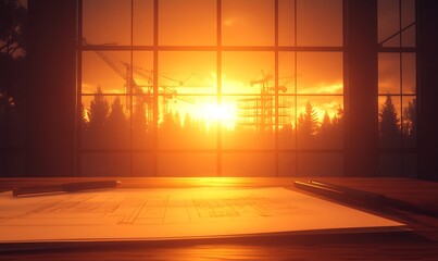 Poster - A glowing sunset illuminates a serene landscape through large windows, casting warm light on a desk with papers, creating a tranquil atmosphere.