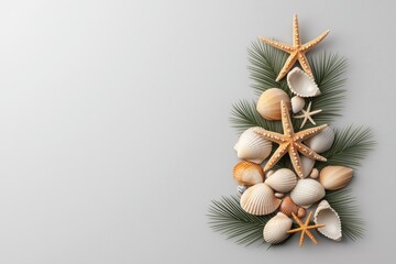 A creative arrangement of seashells and starfish resembling a Christmas tree, embellished with green pine branches, set against a light gray background.