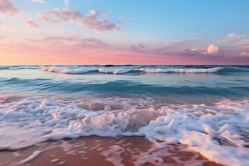 Canvas Print - A beautiful beach scene with soft sand, foamy waves lapping at the shore, and a vibrant sunset sky.