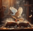 © zhuan - Holy Bible with White Dove and Cross in Soft Sunlight and Sunrise Background