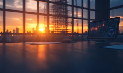 Poster - A serene office setting at sunset, showcasing a computer on a desk with a beautiful skyline visible through large windows.