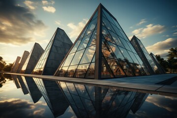 Wall Mural - A row of modern, glass pyramid buildings reflect in a pond at sunset.