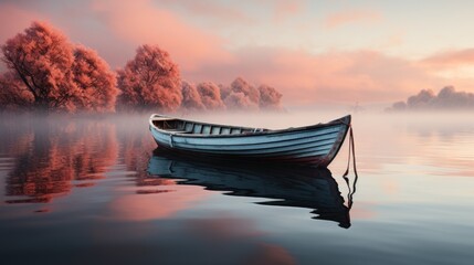 Wall Mural - A small boat sits in a misty lake at dawn, surrounded by frost-covered trees. The sky is a beautiful pink and orange.