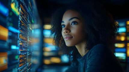 Woman Looking at Code on Computer Screen - Realistic Image