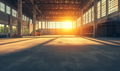 Poster - A sunlit industrial space with large windows casting shadows on the floor, creating a warm and inviting atmosphere in an empty area.