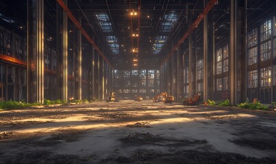 Aufkleber - A vast industrial space with tall pillars, illuminated by overhead lights and scattered with greenery creeping through the floor.