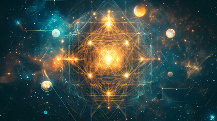 Wall Mural - abstract art of sacred geometry shapes with stars, planets, and a mystical aura, symbolizing spiritu