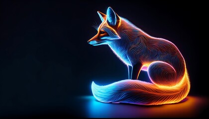 Wall Mural - a stylized neon fox with blue and orange glowing lines sits on a dark background with its tail curle