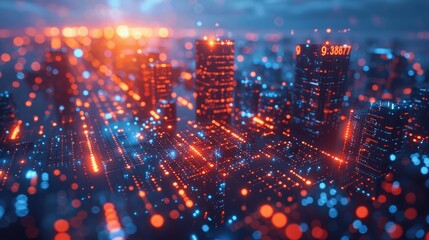 Poster - Abstract Digital Background with Binary Code and Glowing Lines on Dark Blue City Lights for Technology and Cyber Security Concepts