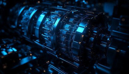 Poster - A futuristic metallic structure with glowing blue elements, resembling advanced technology or a high-tech machine component.