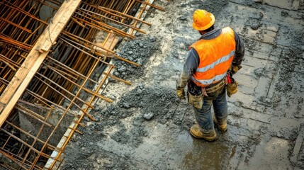 A construction worker in safety gear stands on a site with rebar and wet concrete.