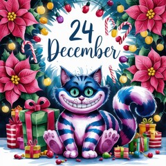 Canvas Print - Cute Cheshire Cat Watercolor Illustration for December