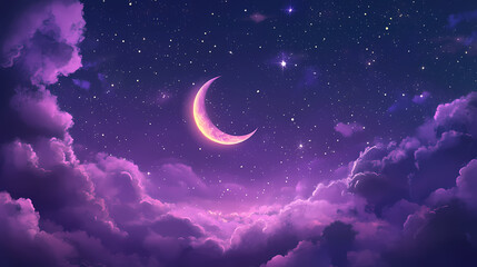 Wall Mural - Dreamy purple night sky with luminous crescent moon wispy clouds and twinkling stars celestial phone wallpaper. Celestial. Illustration