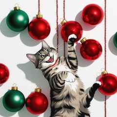 Canvas Print - Playful Cat Among Classic Ornaments on White Background