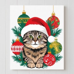 Canvas Print - Vintage Cat in Santa Hat with Ornaments Illustration