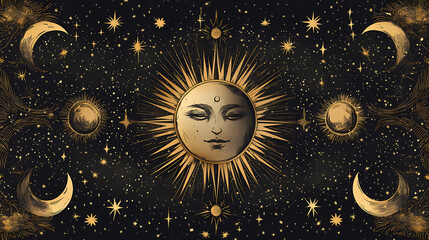 Wall Mural - Magic border with celestial stars sun and moon. astrology fantasy decorative ornament. divider with mystic spiritual symbols. astral minimal design with elegant elements. Celestial. Illustration