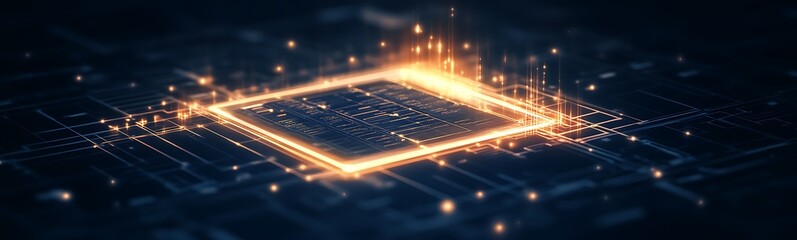 Fototapete - A glowing microchip design on a dark background, showcasing intricate circuitry and bright lights, symbolizing technology and innovation.