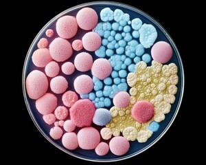 A colorful petri dish featuring diverse colonies of microorganisms, showcasing various shapes and sizes in pink, blue, and yellow hues.