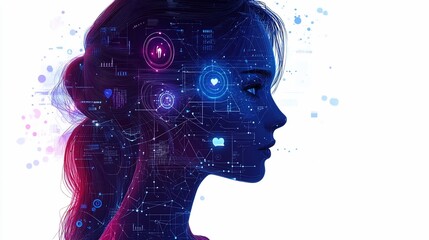 A woman's profile with digital elements, including a heart, a lightbulb, a gear, and a fingerprint, superimposed on her face, representing the interconnectedness of human and technology.