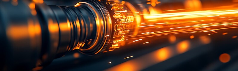 Poster - A detailed view of a high-speed machine generating bright orange sparks during a metalworking process.
