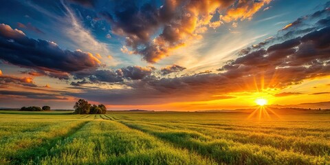 Wall Mural - Field with a sunset in the background, field, sunset, nature, landscape, sky, evening, colorful, serene, tranquil, peaceful