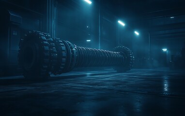 Poster - A futuristic, industrial scene featuring a large, metallic object illuminated by blue lighting, set in a shadowy environment.