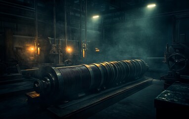 Leinwandbilder - A dimly lit industrial scene showcases large machinery surrounded by mist, with illuminated gears and metal parts creating a mysterious atmosphere.