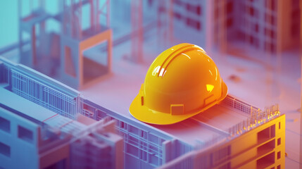 Wall Mural - yellow hard hat rests on construction site, symbolizing safety and diligence in building projects. vibrant colors enhance industrial atmosphere